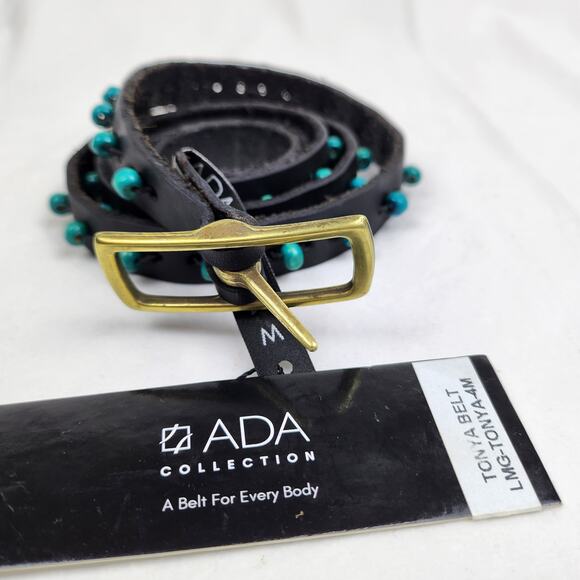 Ada Accessories - ADA Collection Black Thin Leather Belt Teal Beads Brass Buckle Western Boho NWT